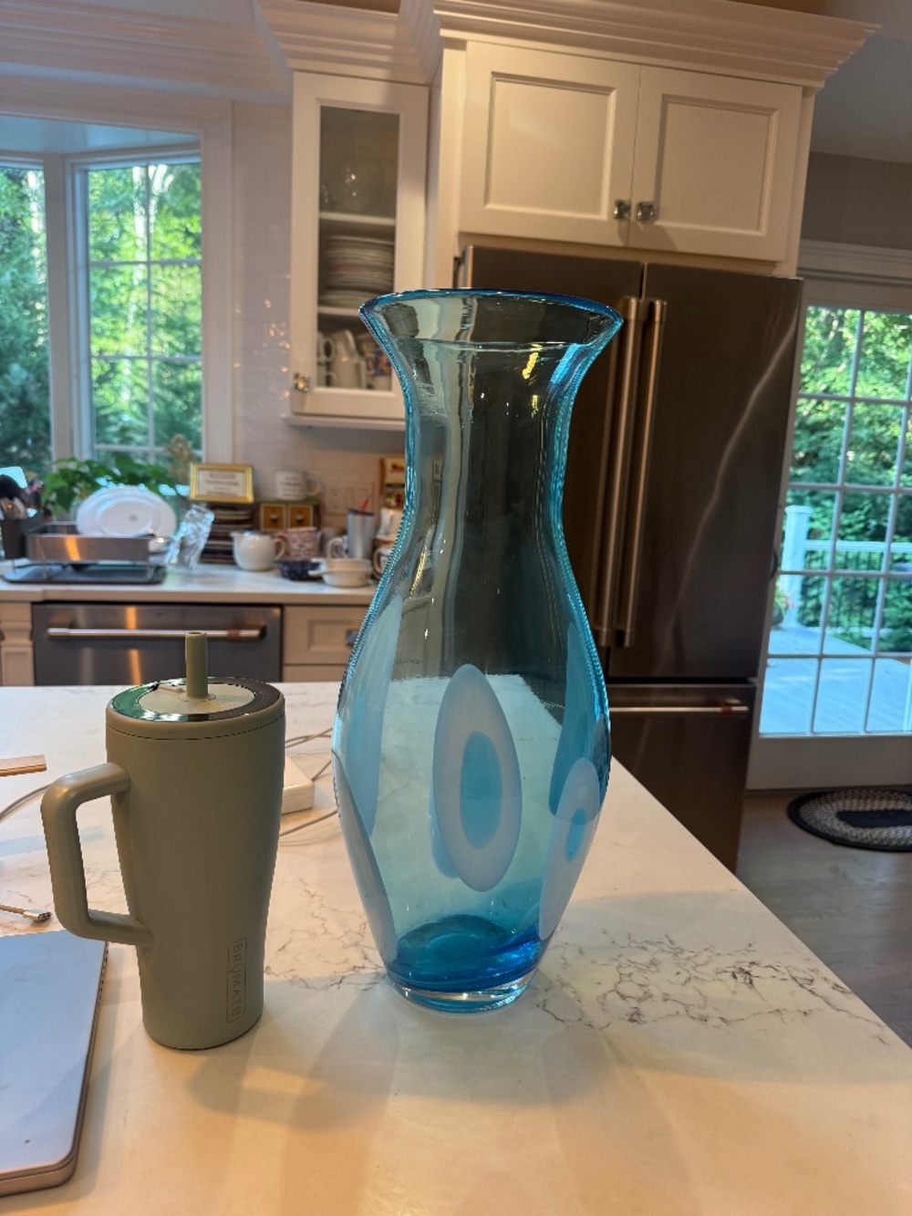 Large Hand Blown Art Glass Vase 15" - Aqua Blue with White & Blue Bullseye /Evil